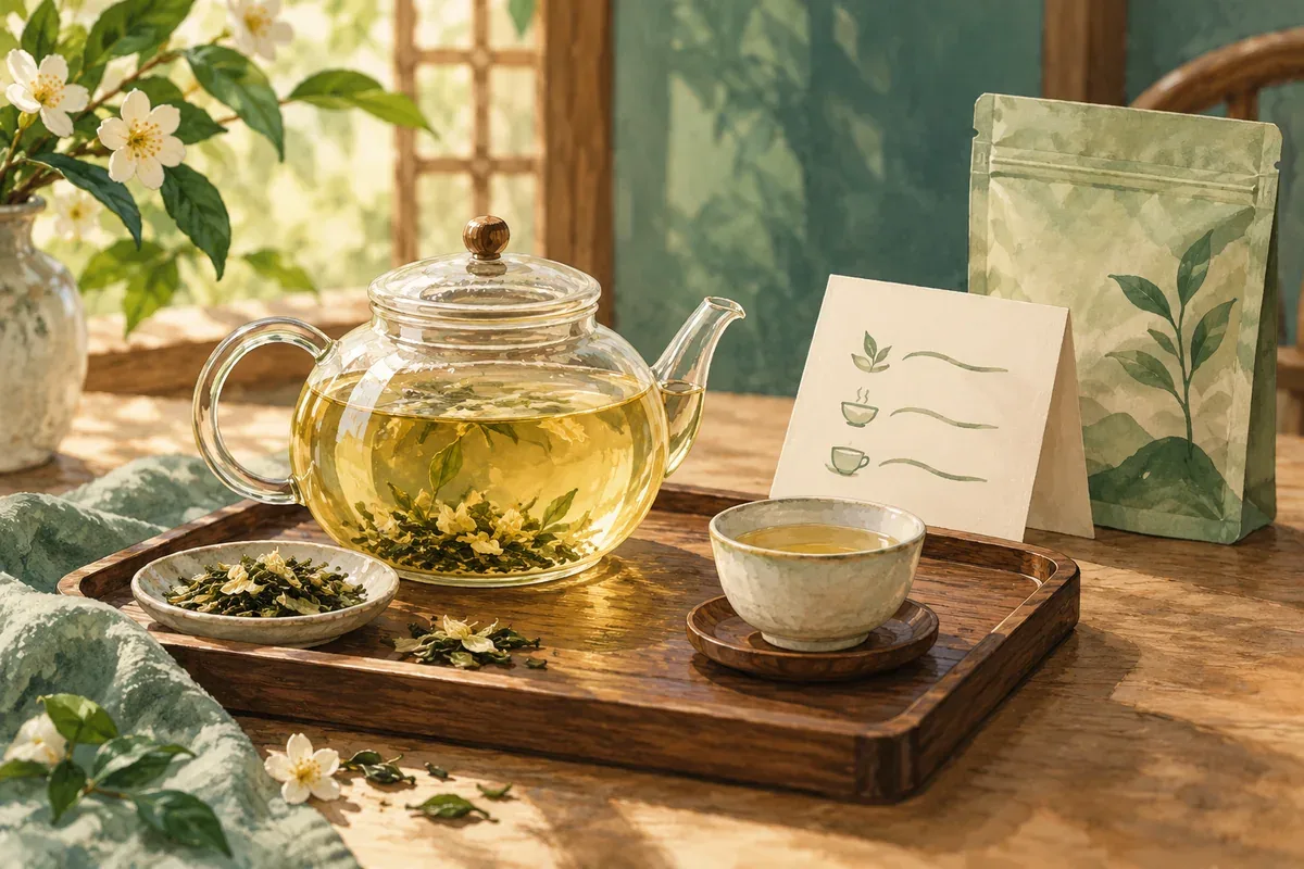Minh họa AI ấm trà và thẻ hướng dẫn; không mô tả công thức pha cụ thể