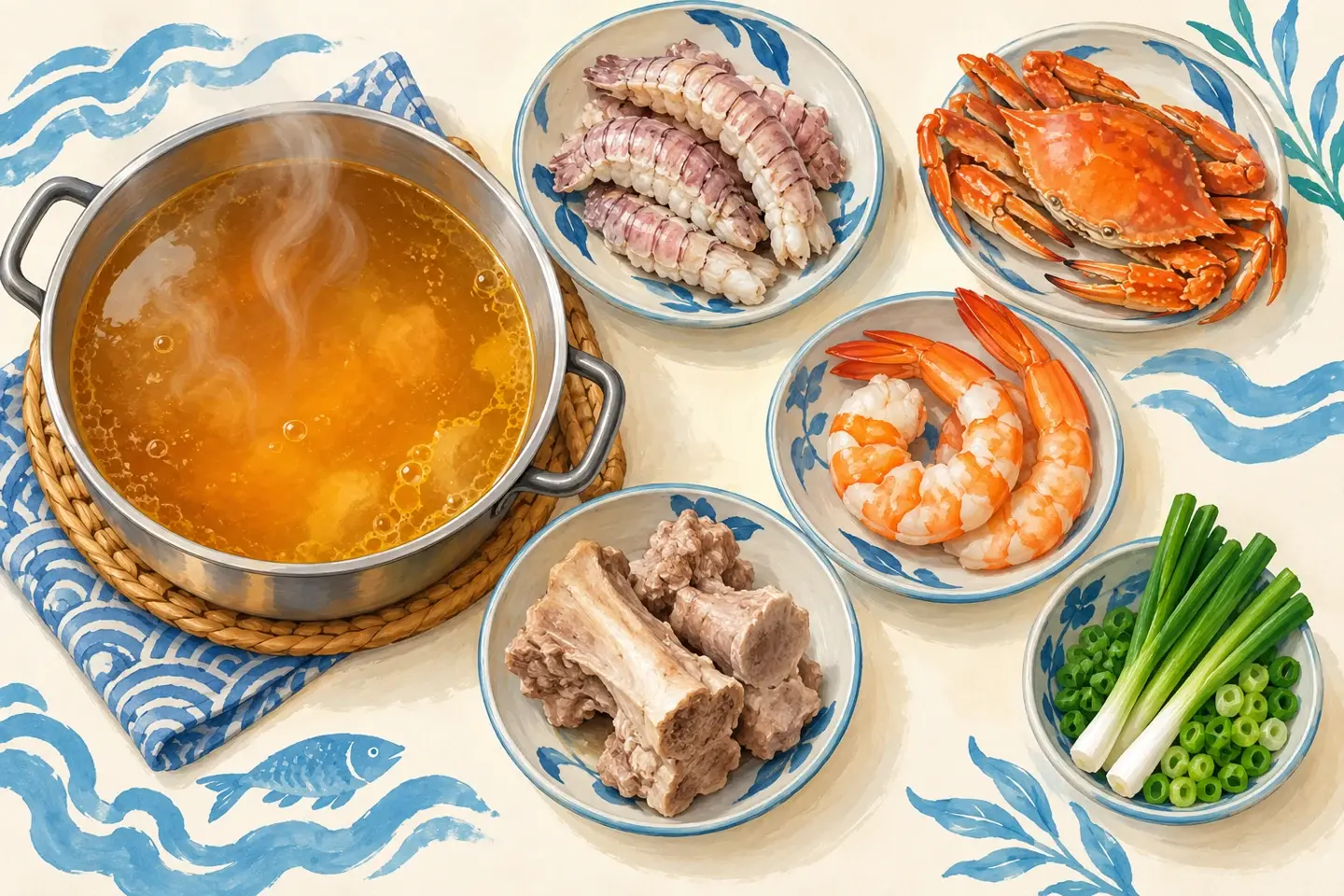 Minh họa AI các nhóm nguyên liệu có thể dùng nấu nước dùng bún hải sản