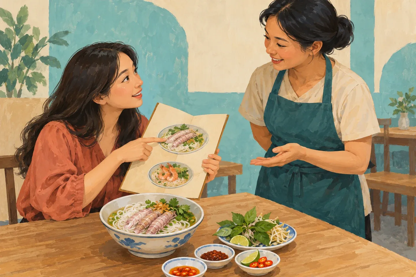 Minh họa AI khách hỏi thành phần suất bún trước khi gọi món