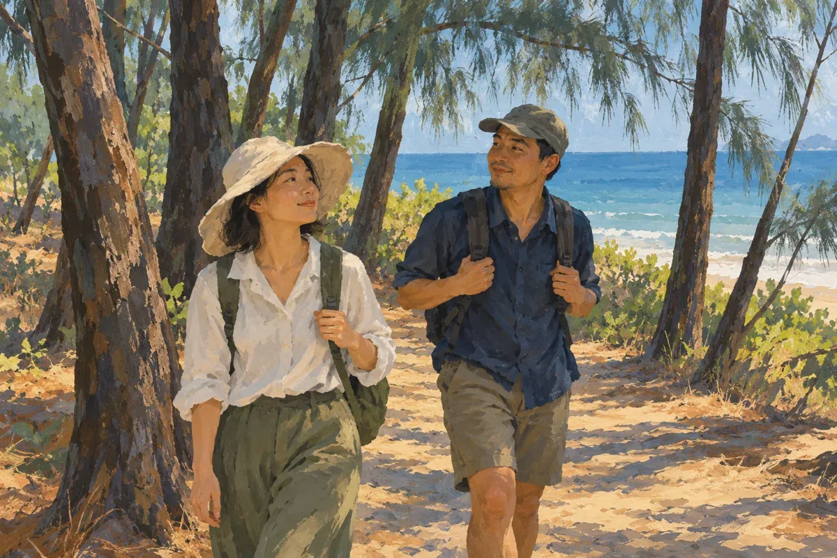 Minh họa AI hai du khách đi bộ dưới cây ven biển; không mô phỏng địa điểm thực tế