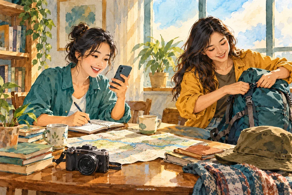 Minh họa AI: hai người bạn xác nhận lịch và chuẩn bị hành lý tại nhà