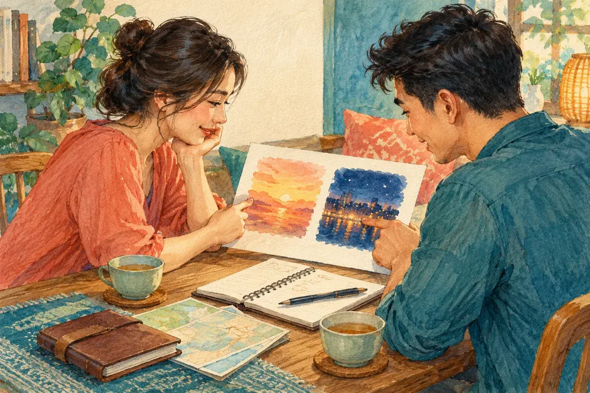 Minh họa AI hai người cân nhắc cảnh chiều và ánh đèn buổi tối