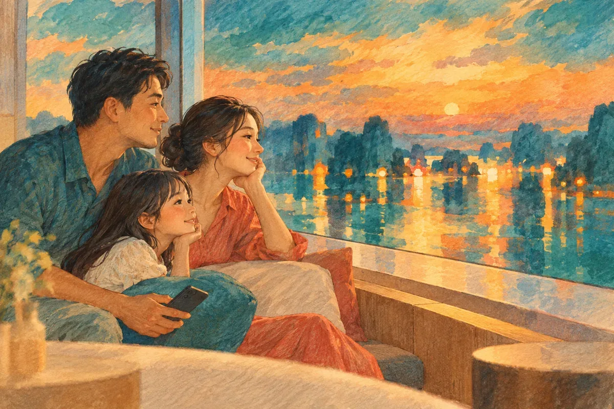 Minh họa AI gia đình ngắm ánh sáng qua cửa kính, không phải cabin thực tế