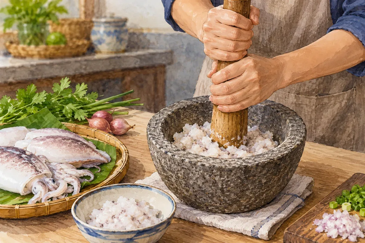 Minh họa thao tác giã mực trong cối đá