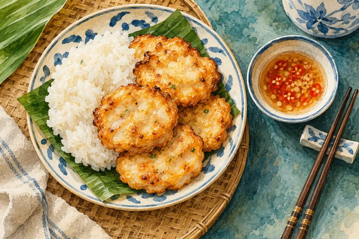 Minh họa xôi trắng ăn cùng chả mực và nước chấm