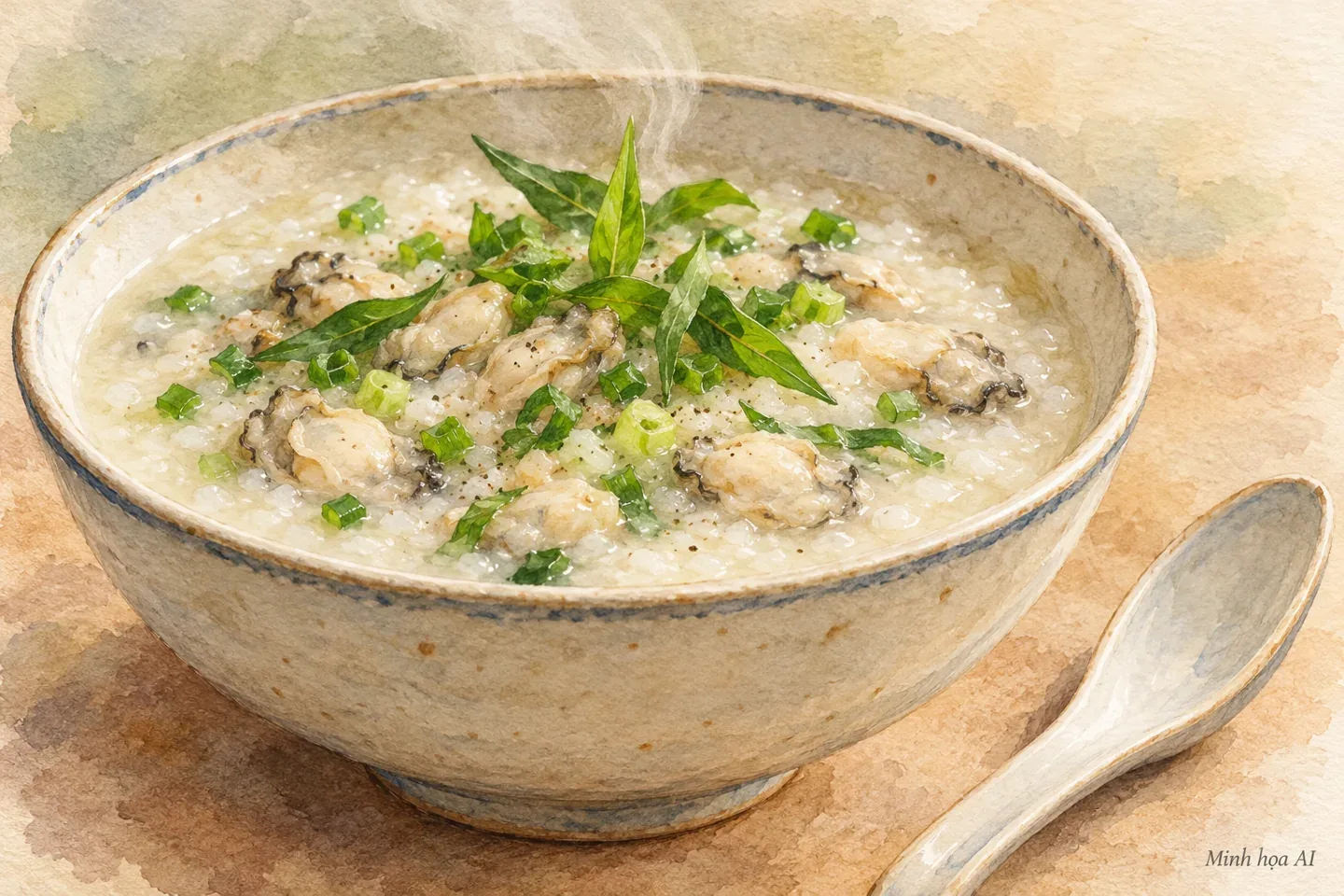Minh họa AI bát cháo hà với hành hoa và rau răm, không phải ảnh tại quán