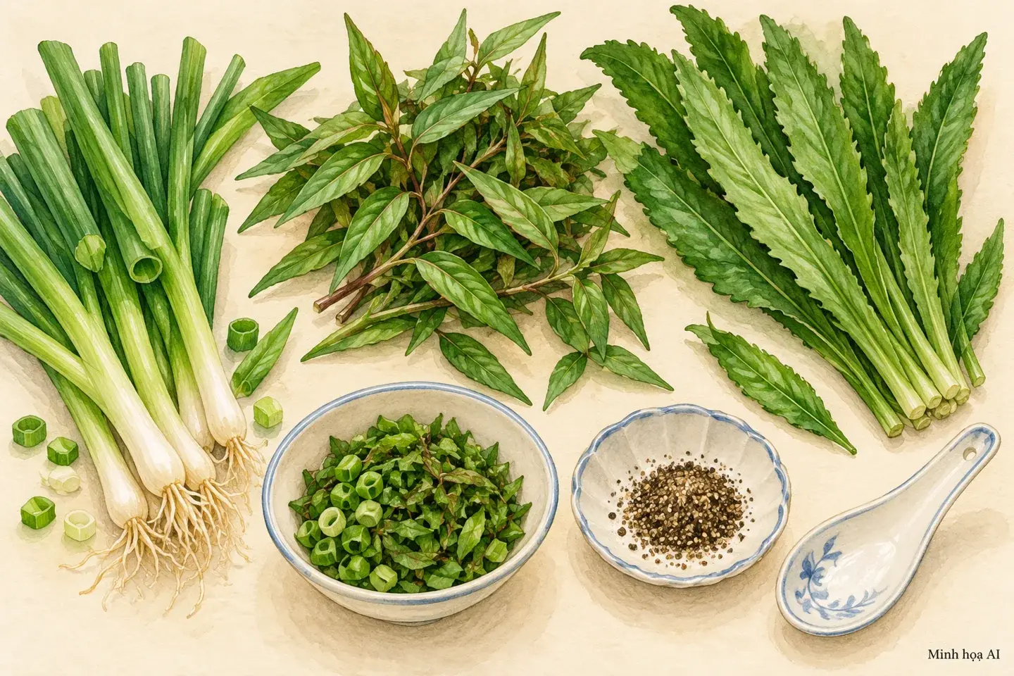 Minh họa AI hành hoa, rau răm, mùi tàu và tiêu dùng để trao đổi về rau thơm