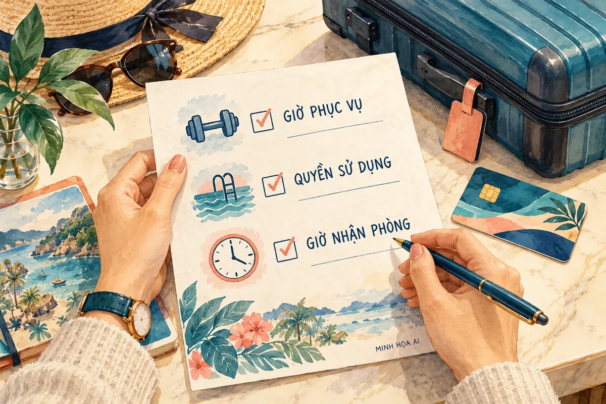 Minh họa AI bảng kiểm giờ phục vụ, quyền sử dụng tiện ích và giờ nhận phòng