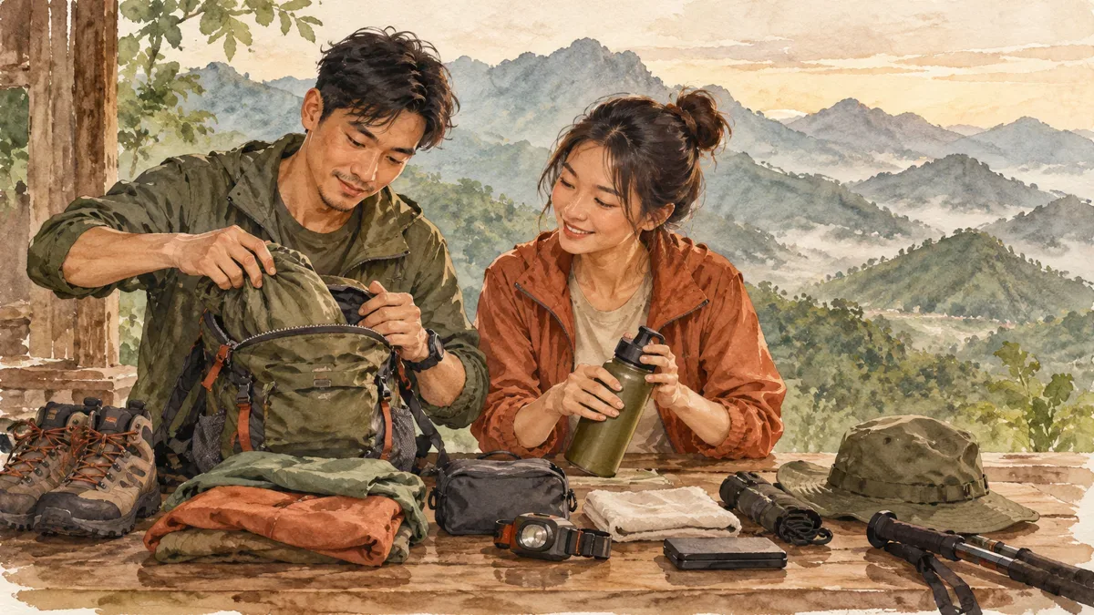 Tranh AI minh họa chuẩn bị đi bộ đường dài; không phải ảnh thực địa mốc 1305 Bình Liêu.