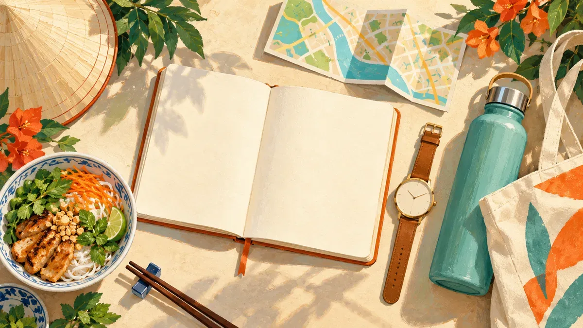 Minh họa AI: sổ lịch, đồng hồ và đồ dùng chuẩn bị chuyến đi; không phải sơ đồ sự kiện.