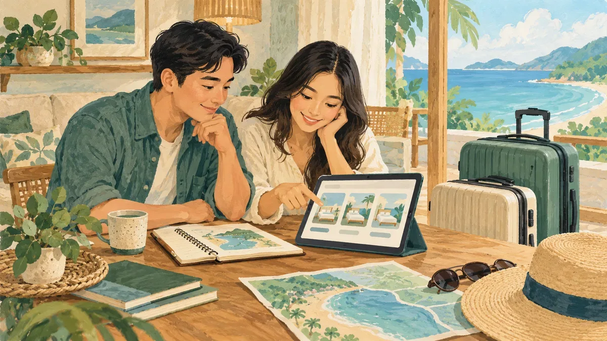 Minh họa AI gia đình chọn phòng nghỉ; không phải ảnh thực tế Wyndham Garden Sonasea Vân Đồn