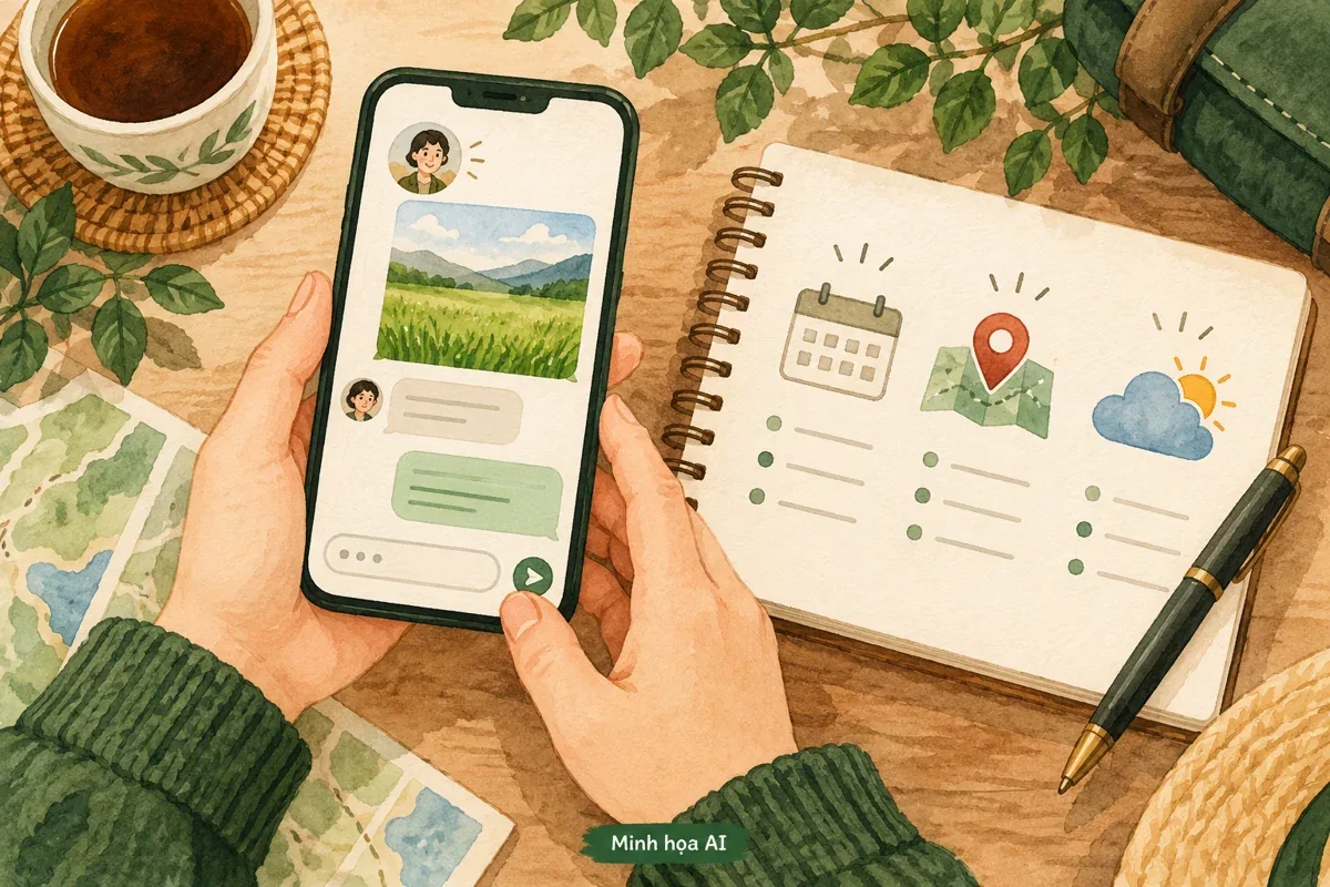 Minh họa AI kiểm tra ngày chụp, địa điểm và thời tiết trước chuyến đi ngắm lau
