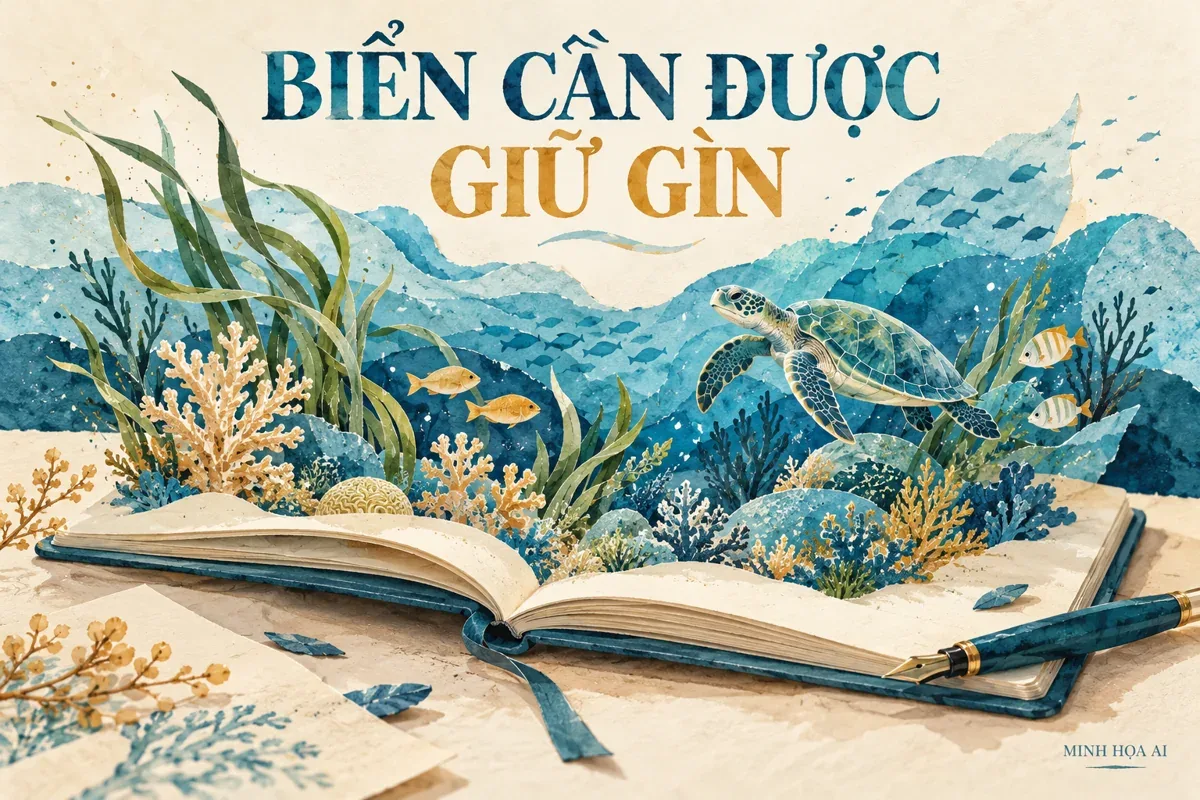 Minh họa AI: cuốn sổ và hệ sinh thái biển tượng trưng cho bảo tồn, không phải ảnh Cô Tô