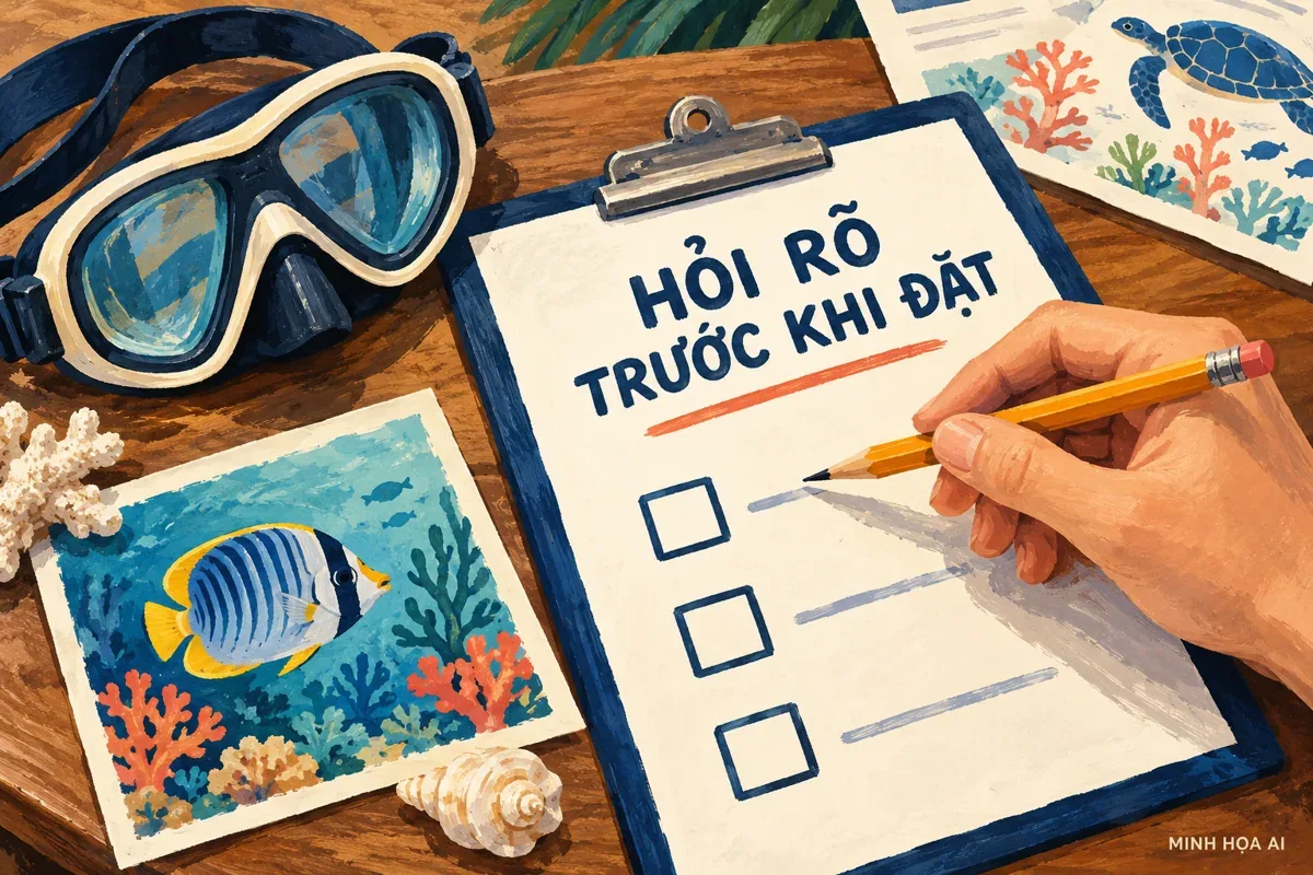Minh họa AI: bảng câu hỏi và kính lặn trước khi đặt hoạt động biển