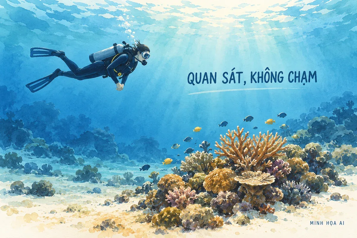 Minh họa AI: người lặn quan sát từ xa, không chạm san hô