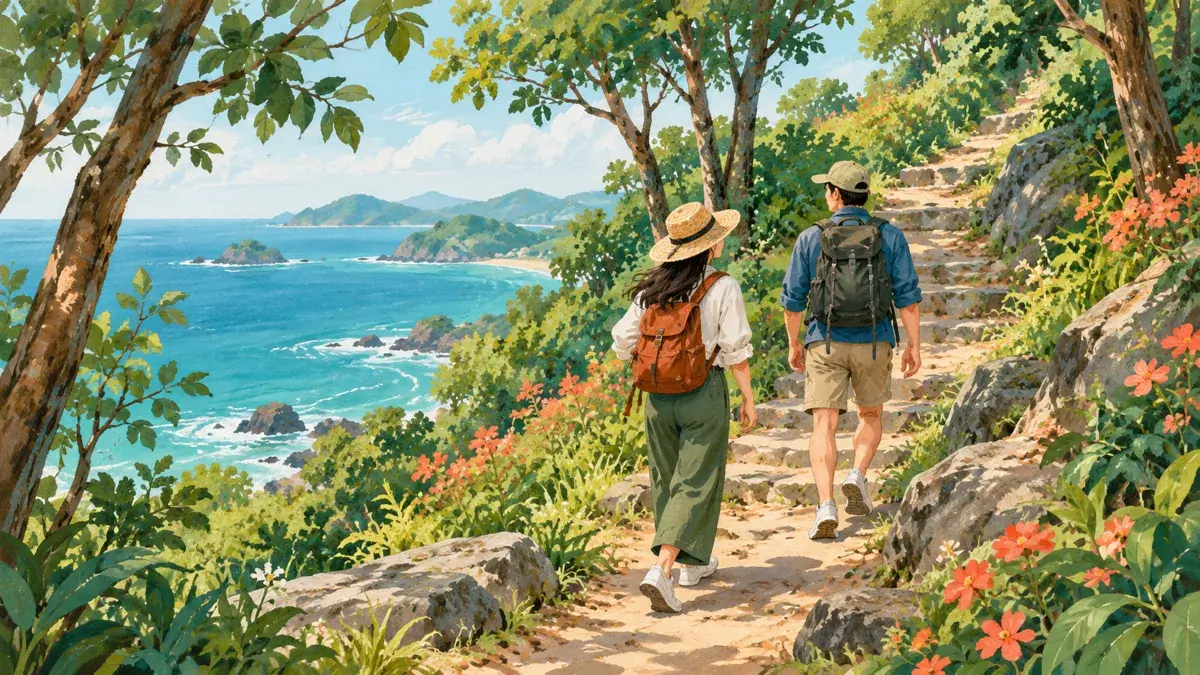 Minh họa AI độc lập: du khách đi bộ trên đường đồi ven biển; không phải ảnh hay bản đồ thực địa Cô Tô.