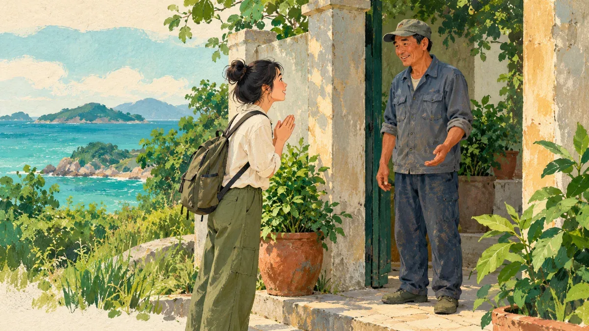 Minh họa AI: du khách hỏi người phụ trách trước khi vào tham quan.
