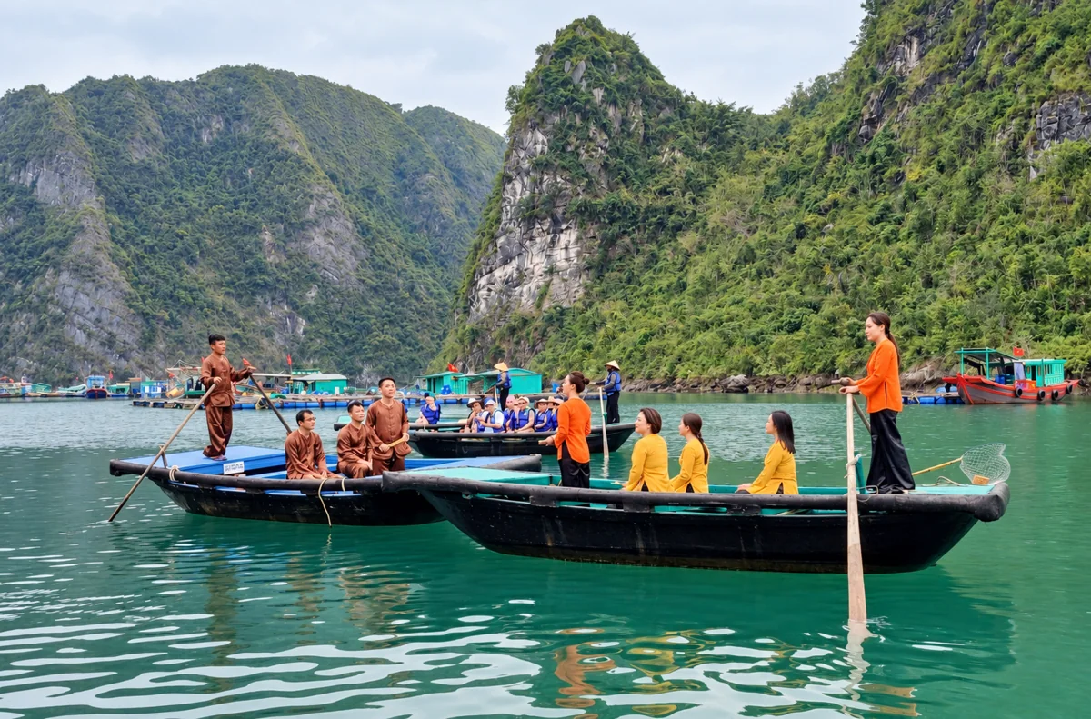 Hát giao duyên trên thuyền ở Cửa Vạn, ảnh VOV được tăng nét bằng AI