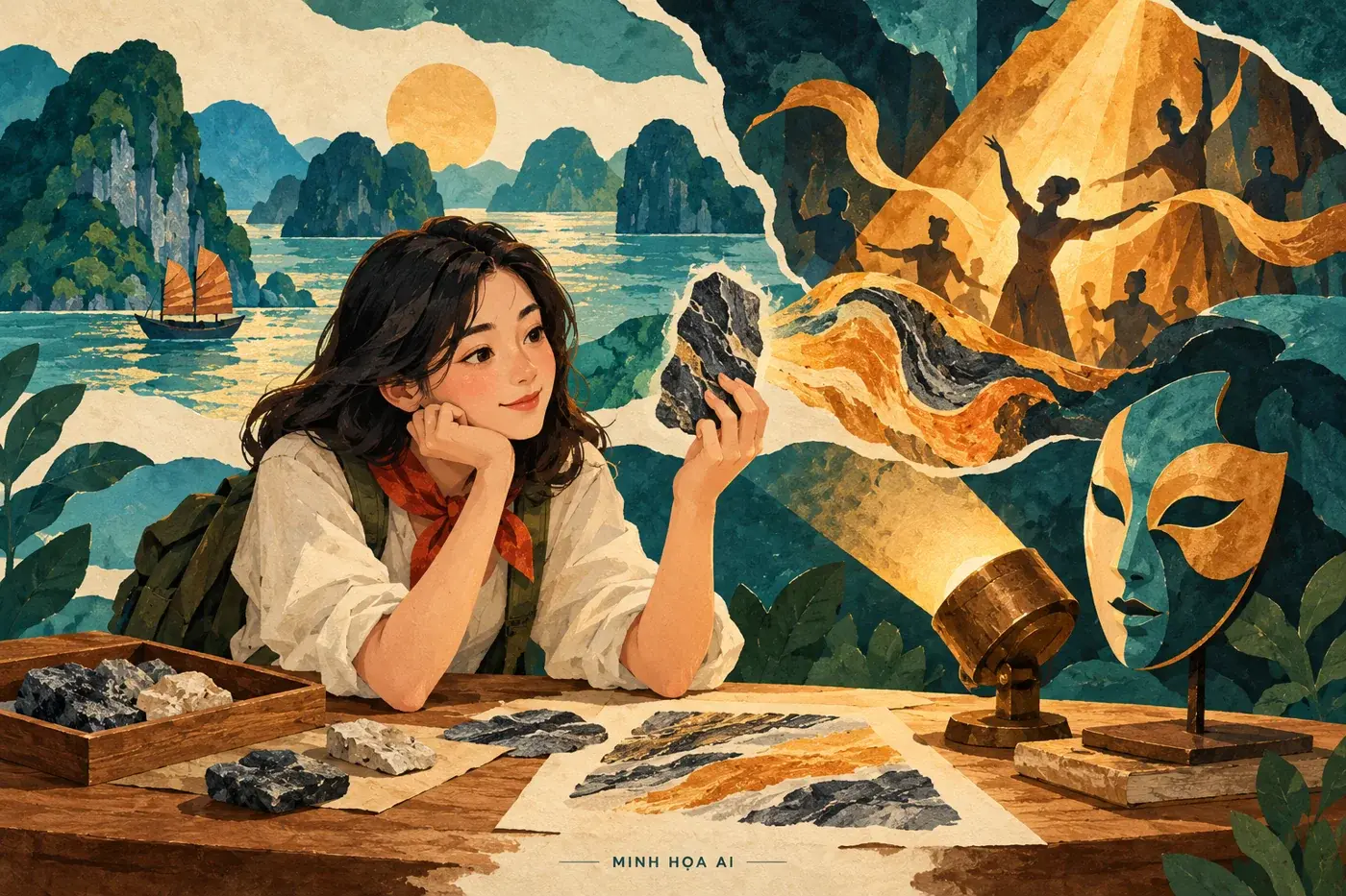 Minh họa AI: người xem liên hệ đá, ánh sáng và nghệ thuật, không phải hang Ngọc Rồng thực tế