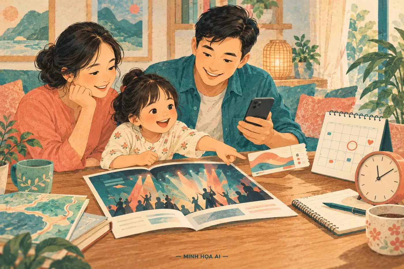 Minh họa AI: gia đình xác nhận ngày giờ và gói trải nghiệm trước chuyến đi