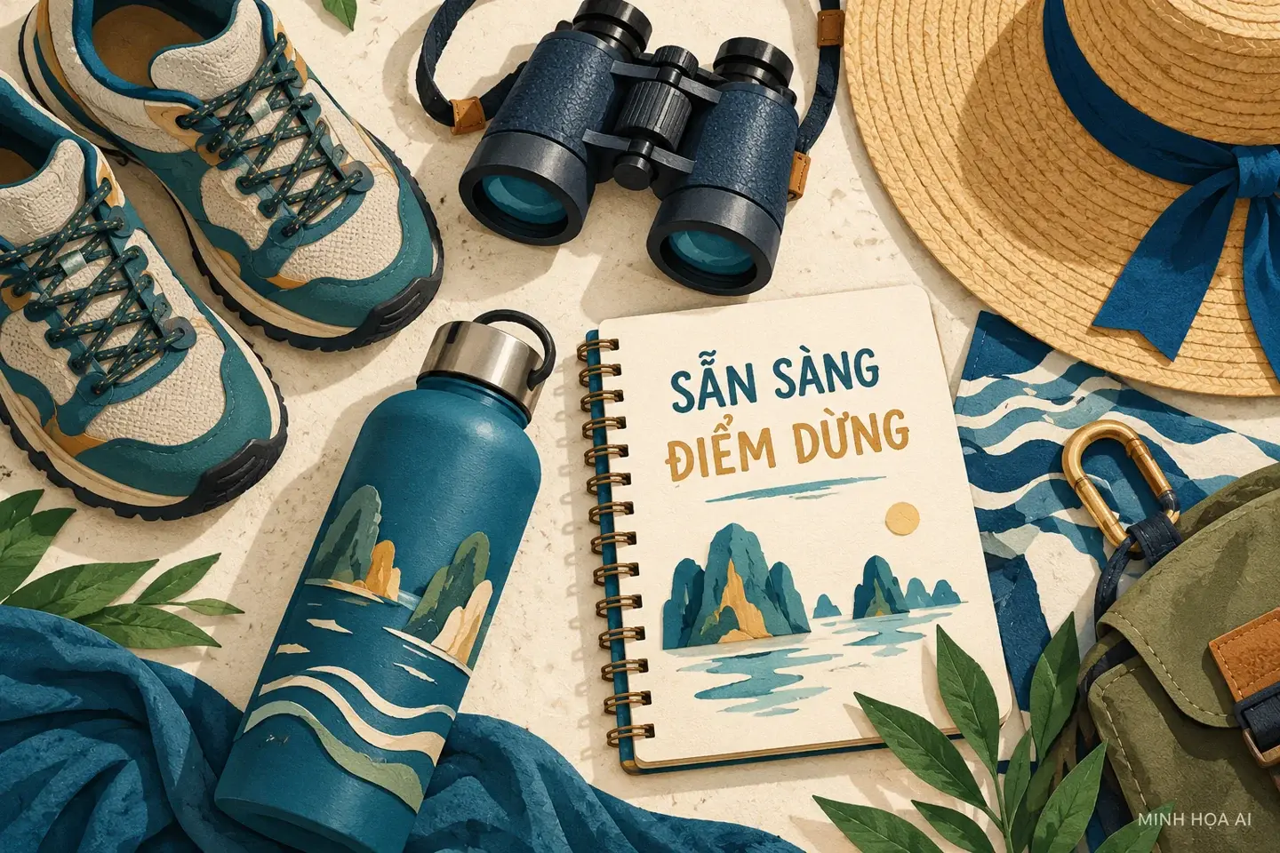 Minh họa AI giày đi bộ, mũ, bình nước và ống nhòm để chuẩn bị cho các điểm dừng ban ngày