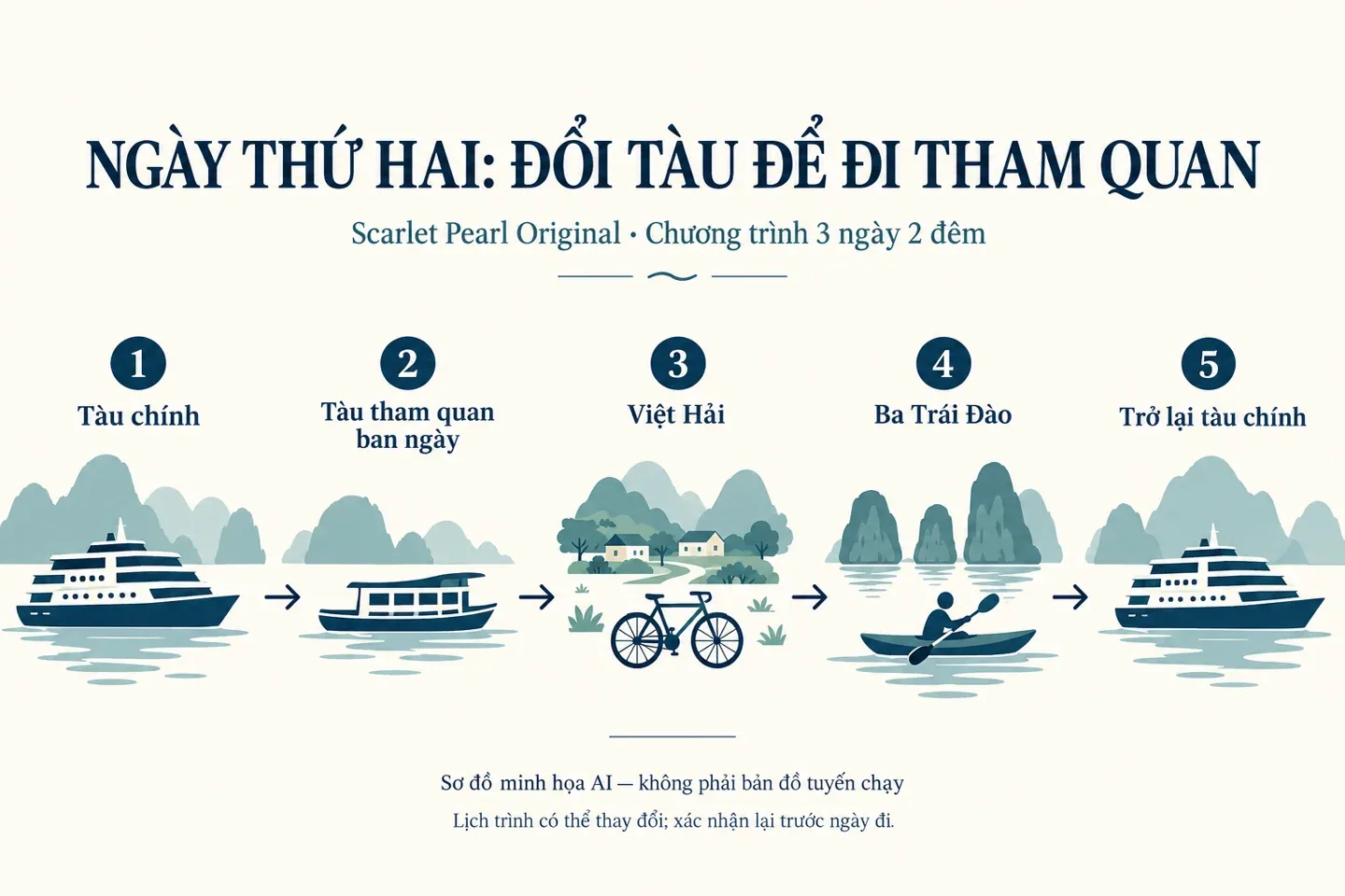 Sơ đồ minh họa AI: tàu chính, tàu ban ngày, Việt Hải, Ba Trái Đào rồi trở lại tàu chính