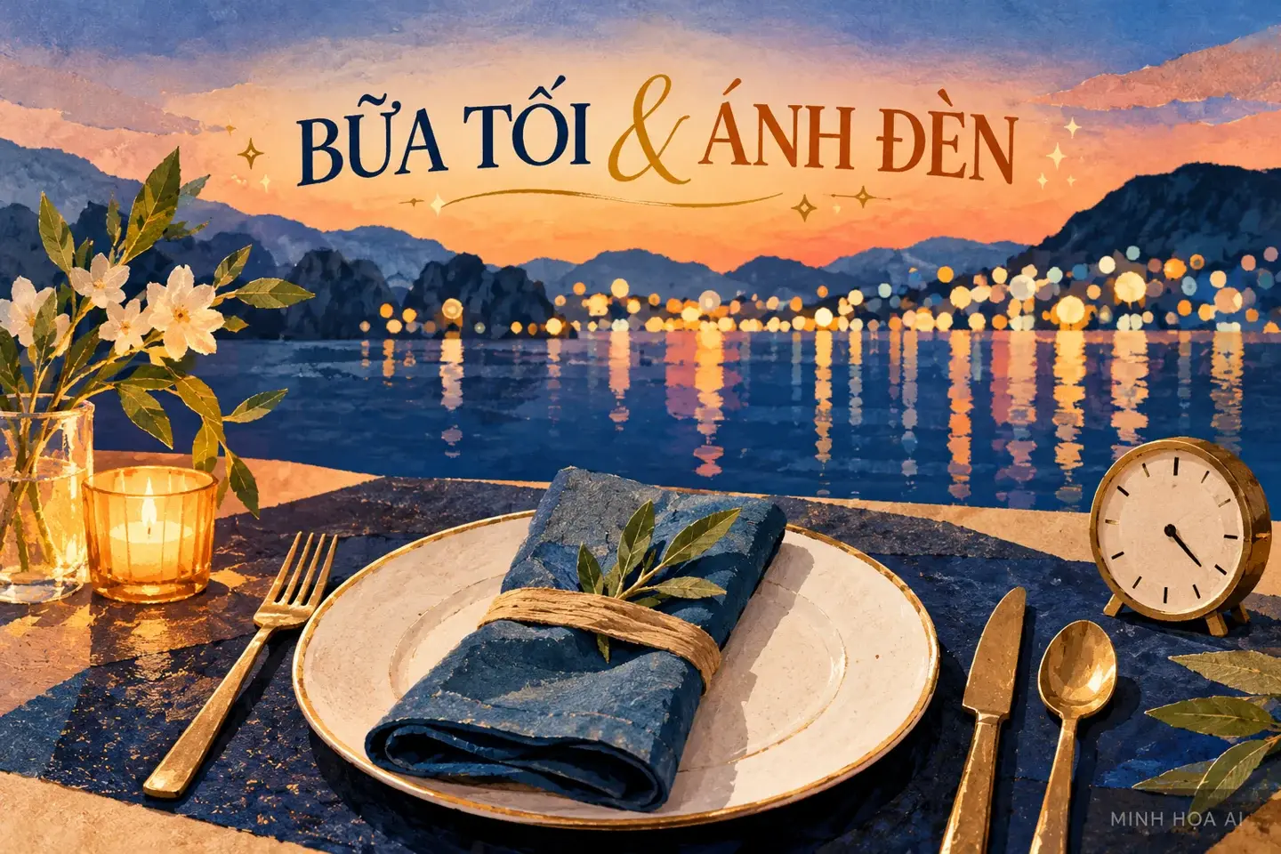 Minh họa AI bàn ăn và ánh đèn trừu tượng trên mặt nước, không phải cảnh trên tàu Ambassador