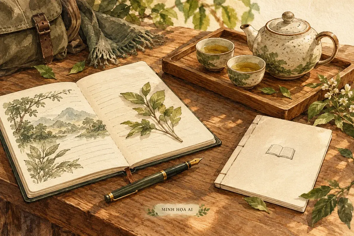 Minh họa AI: sổ ghi chép và bộ trà gợi việc tìm hiểu văn hóa, không phải ảnh đền Đức Ông