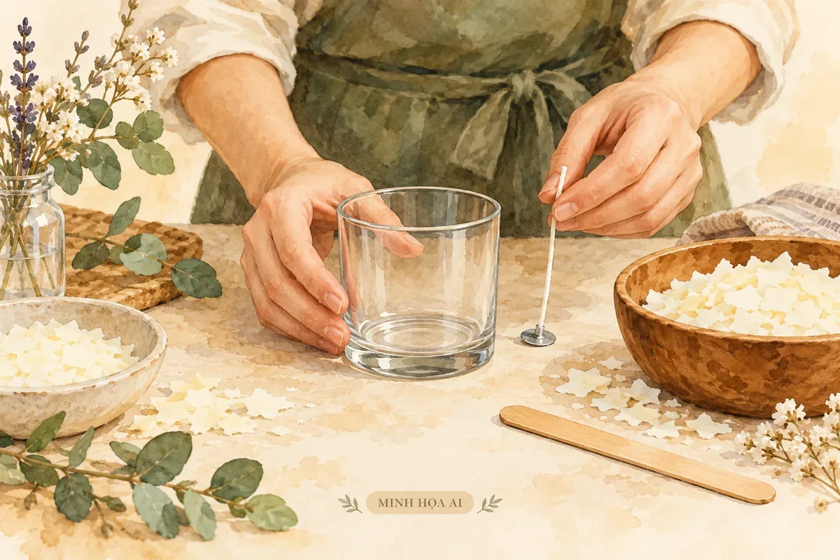 Minh họa AI: dụng cụ làm nến trên bàn, không phải ảnh workshop tại đền