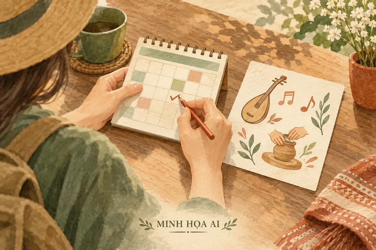Minh họa AI: du khách đối chiếu lịch và biểu tượng hoạt động văn hóa