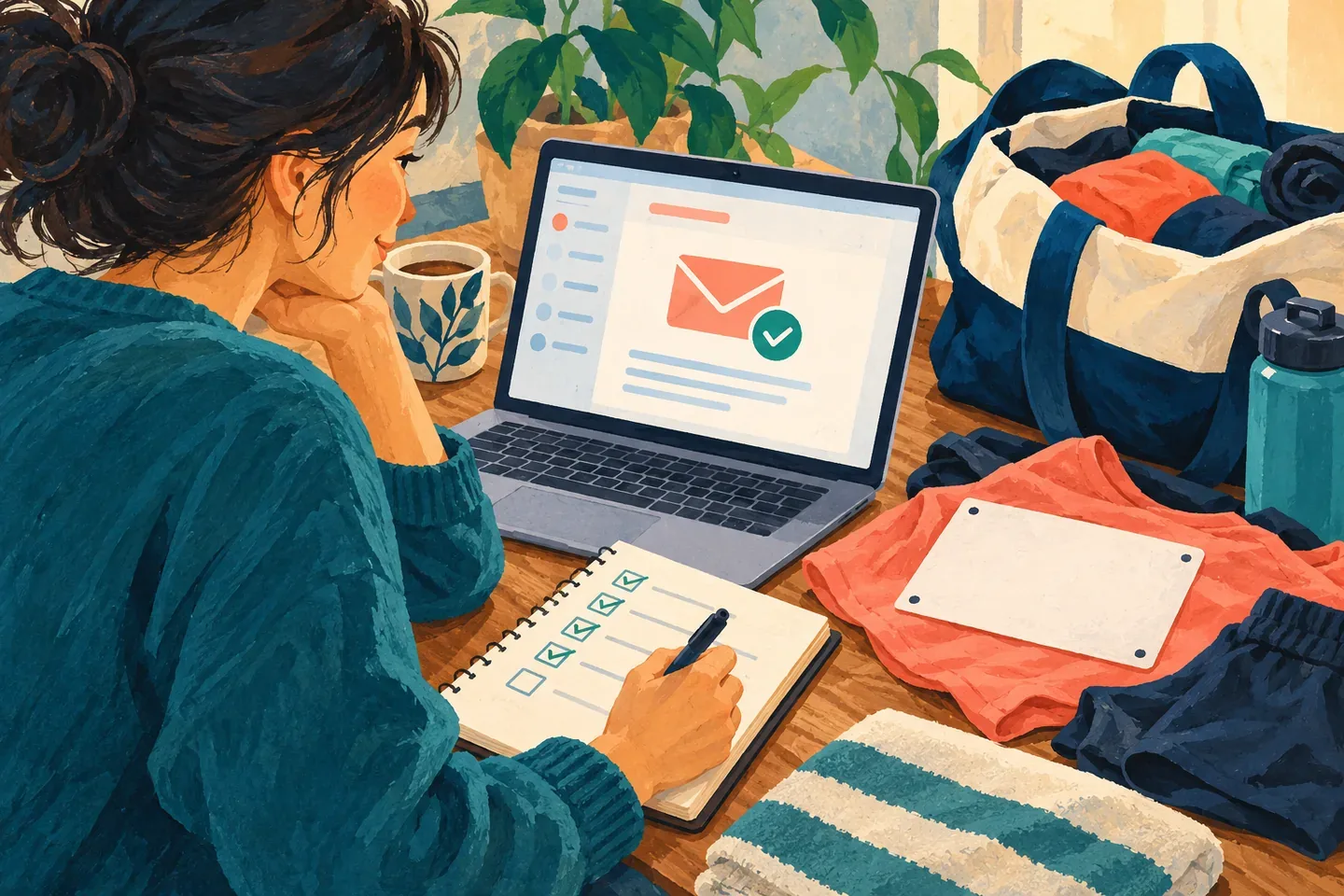 Minh họa AI: người chạy kiểm tra email và danh sách hành lý trước chuyến đi