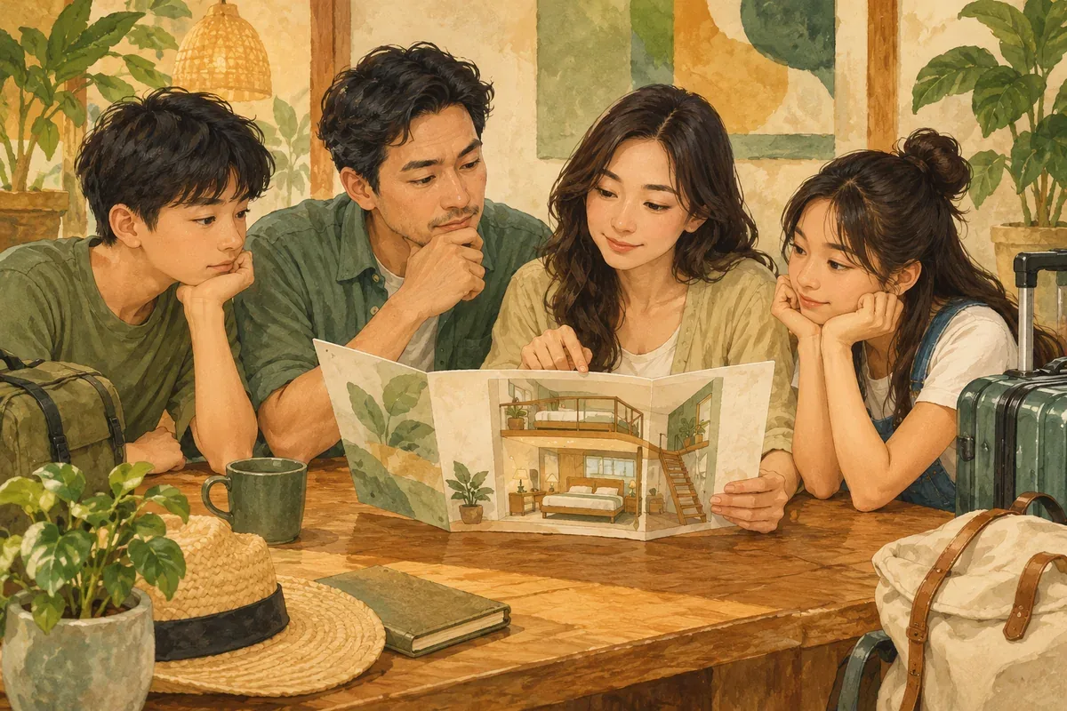 Minh họa AI gia đình xem tài liệu chọn phòng; không phải sơ đồ phòng Emeralda