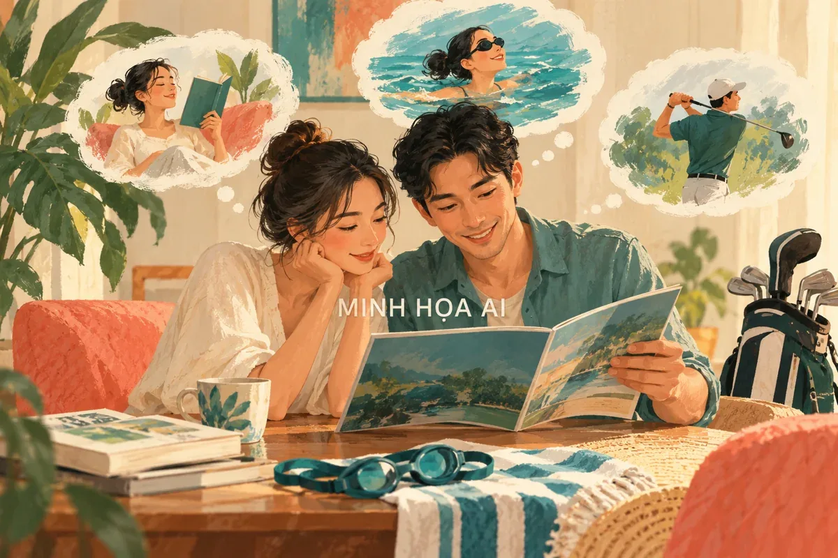 Minh họa AI: đôi bạn lựa chọn kỳ nghỉ đọc sách, bơi và golf; không phải ảnh FLC Hạ Long