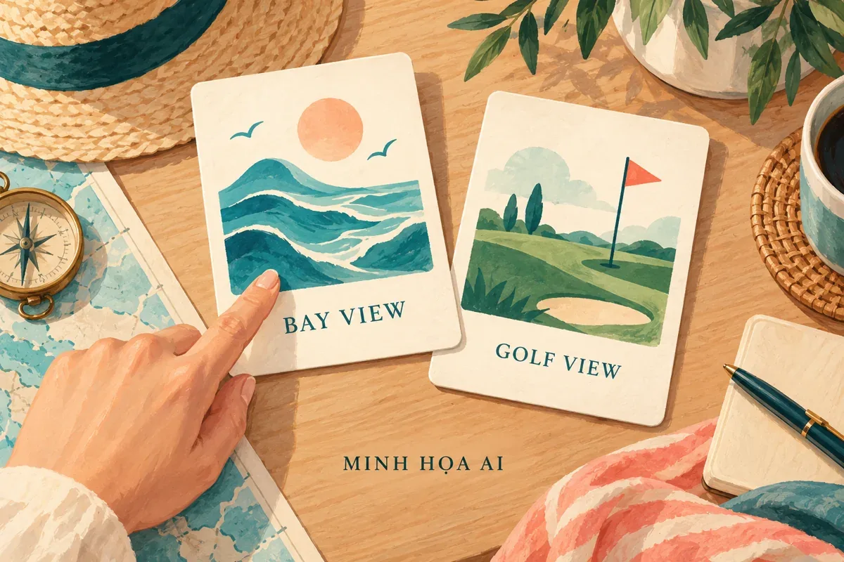 Minh họa AI: thẻ Bay View và Golf View, không phải cảnh nhìn thực tế từ phòng