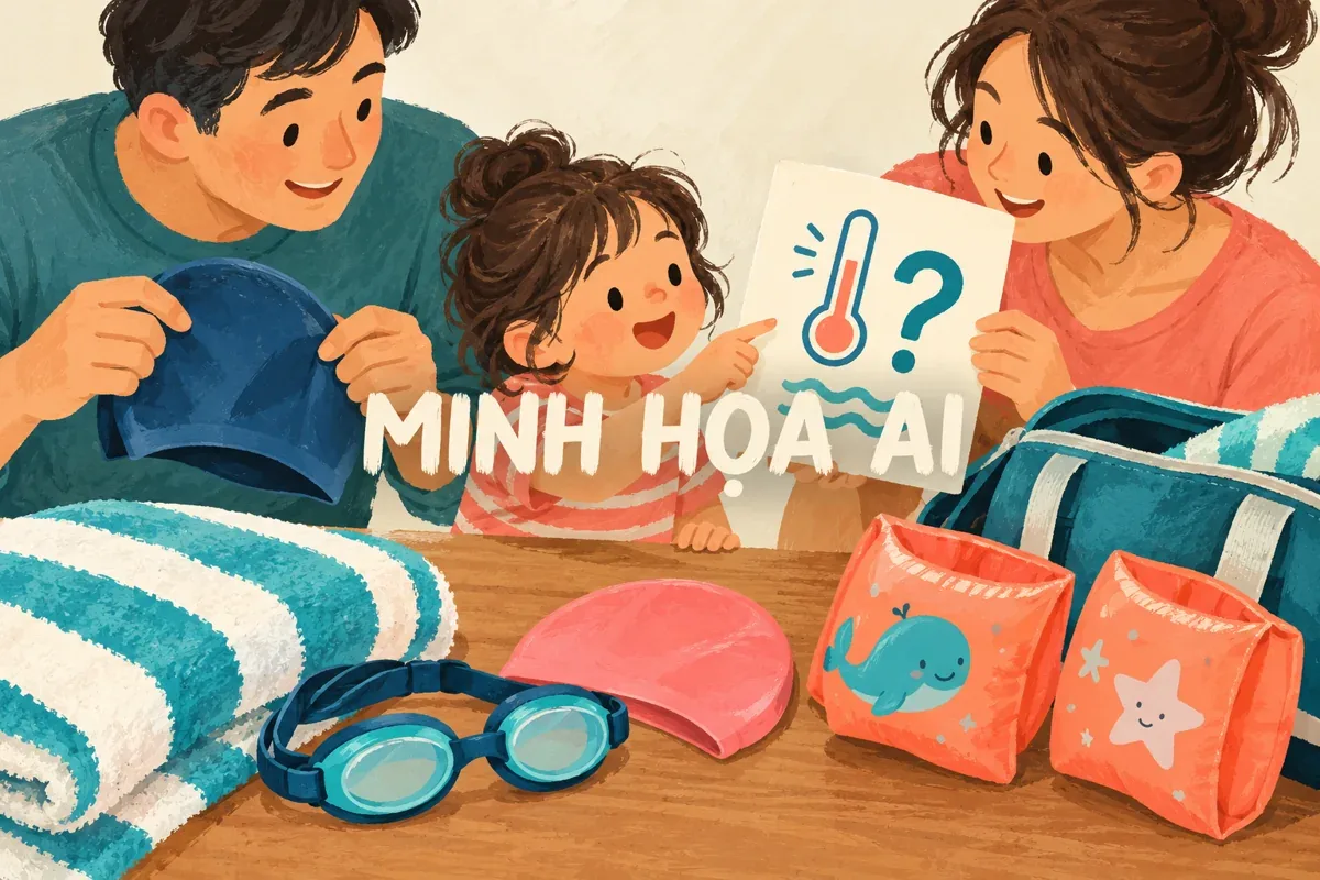 Minh họa AI: gia đình chuẩn bị đồ bơi và hỏi về nhiệt độ nước trước chuyến nghỉ