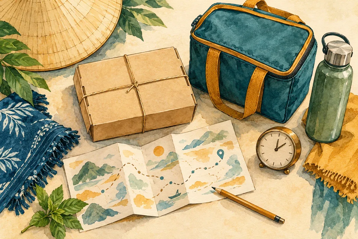 Minh họa AI hộp quà và hành trang, chuẩn bị vận chuyển theo hướng dẫn