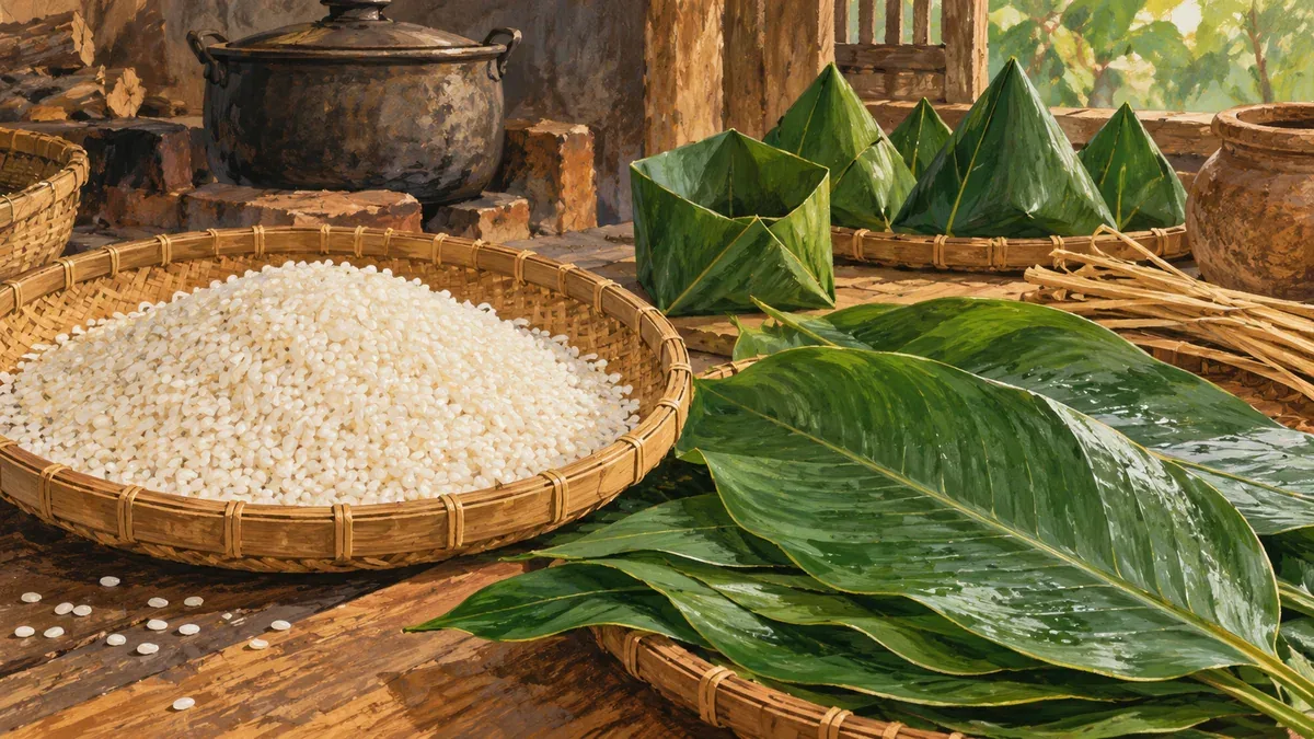 Minh họa AI gạo nếp và lá gói trong không gian bếp truyền thống