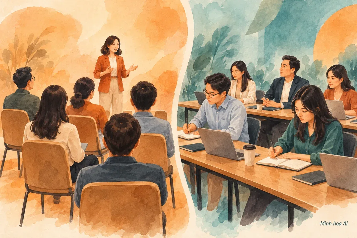 Minh họa AI so sánh ghế nghe thuyết trình với bàn ghi chép cho buổi đào tạo