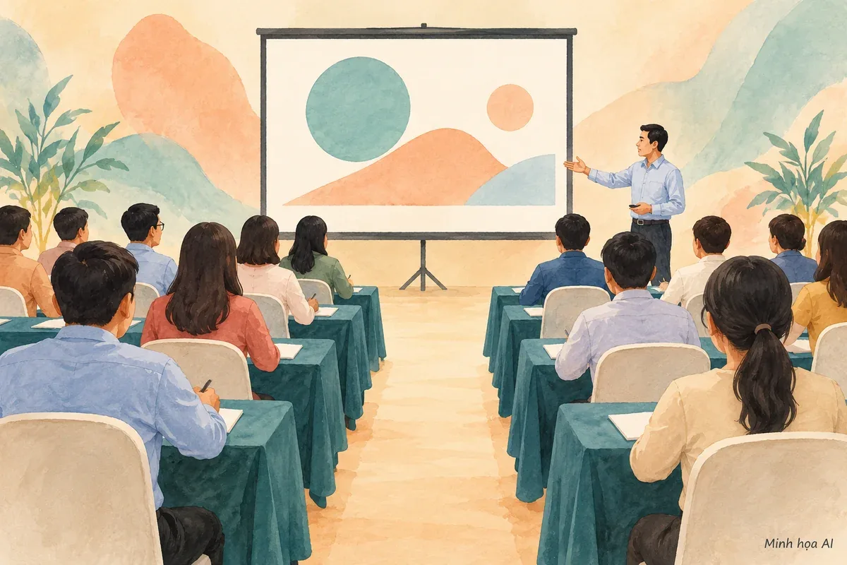 Minh họa AI người tổ chức kiểm tra tầm nhìn màn hình và lối đi trong không gian đào tạo khái niệm