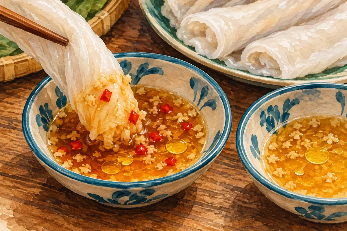 Minh họa AI cuộn bánh gật gù chấm nước mắm, bát chấm được để riêng