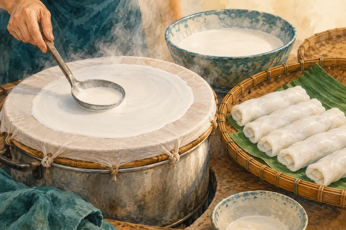 Minh họa AI thao tác tráng bánh gạo trên vải và cuộn bánh không nhân