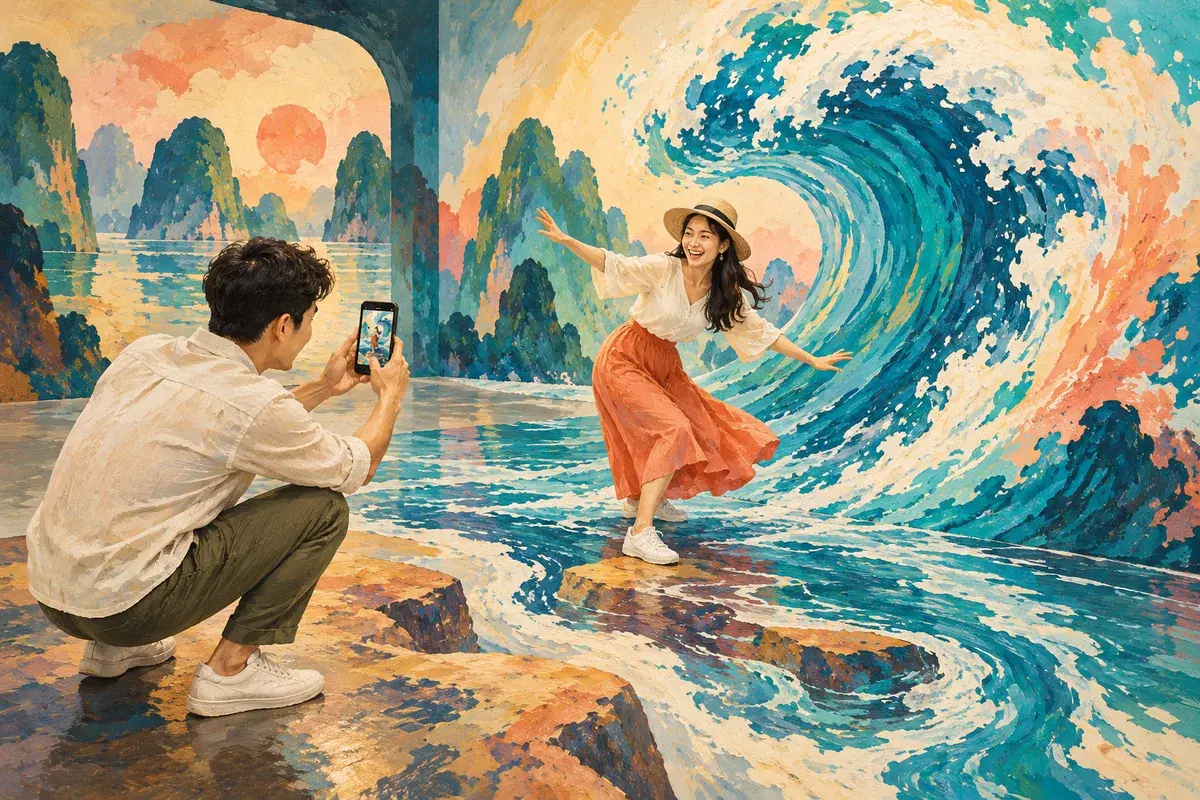 Tranh AI minh họa hai người phối hợp chụp ảnh với một bối cảnh phối cảnh tưởng tượng, không phải không gian thực tại Quảng Ninh Gate