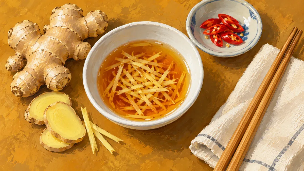 Minh họa AI mắm gừng, củ gừng và ớt để riêng