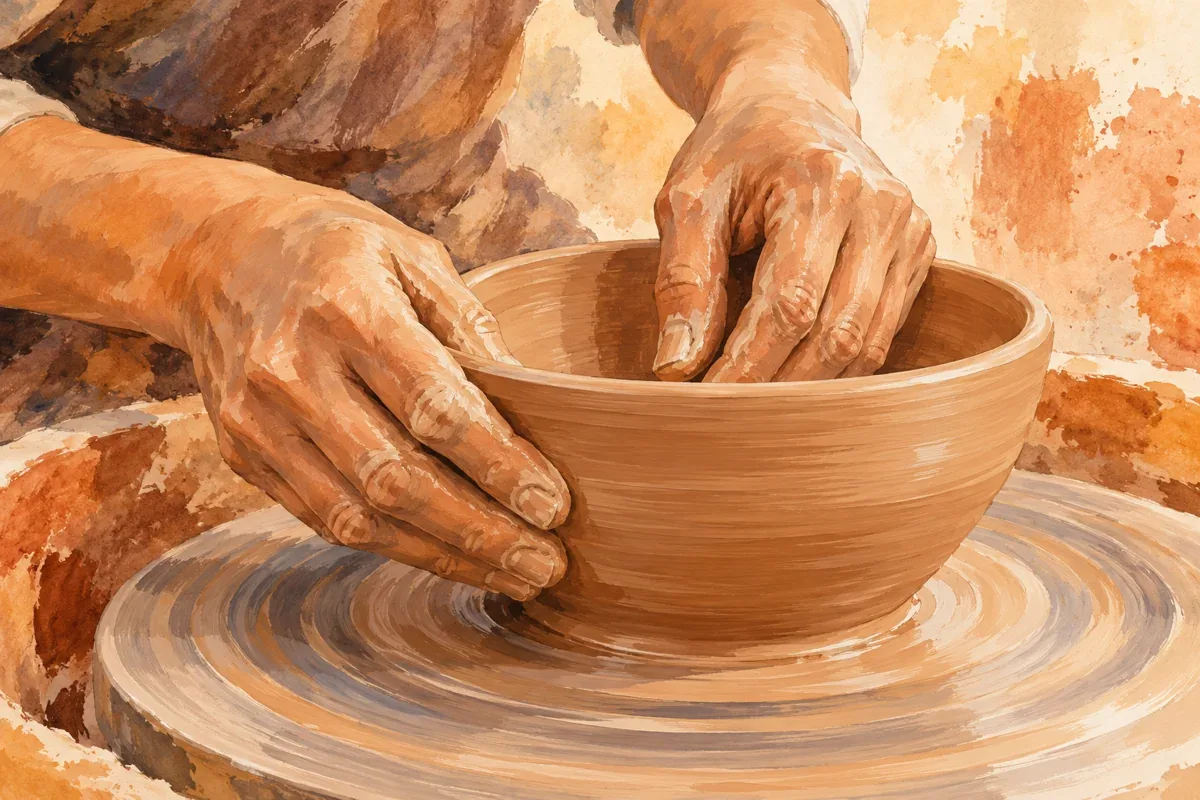 Minh họa AI đôi tay tạo hình bát trên bàn xoay, không phải ảnh nghệ nhân Đông Triều