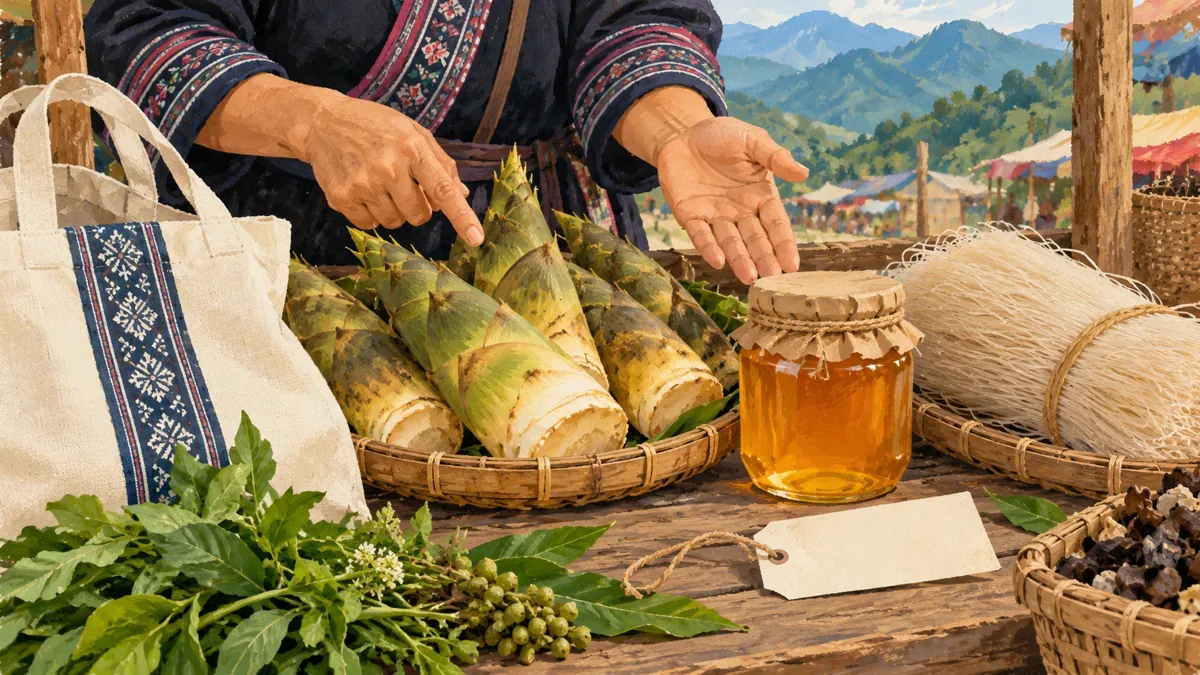 Minh họa AI: măng, mật ong và miến khô để gợi ý cách hỏi nguồn gốc hàng hóa, không phải quầy chợ thực tế