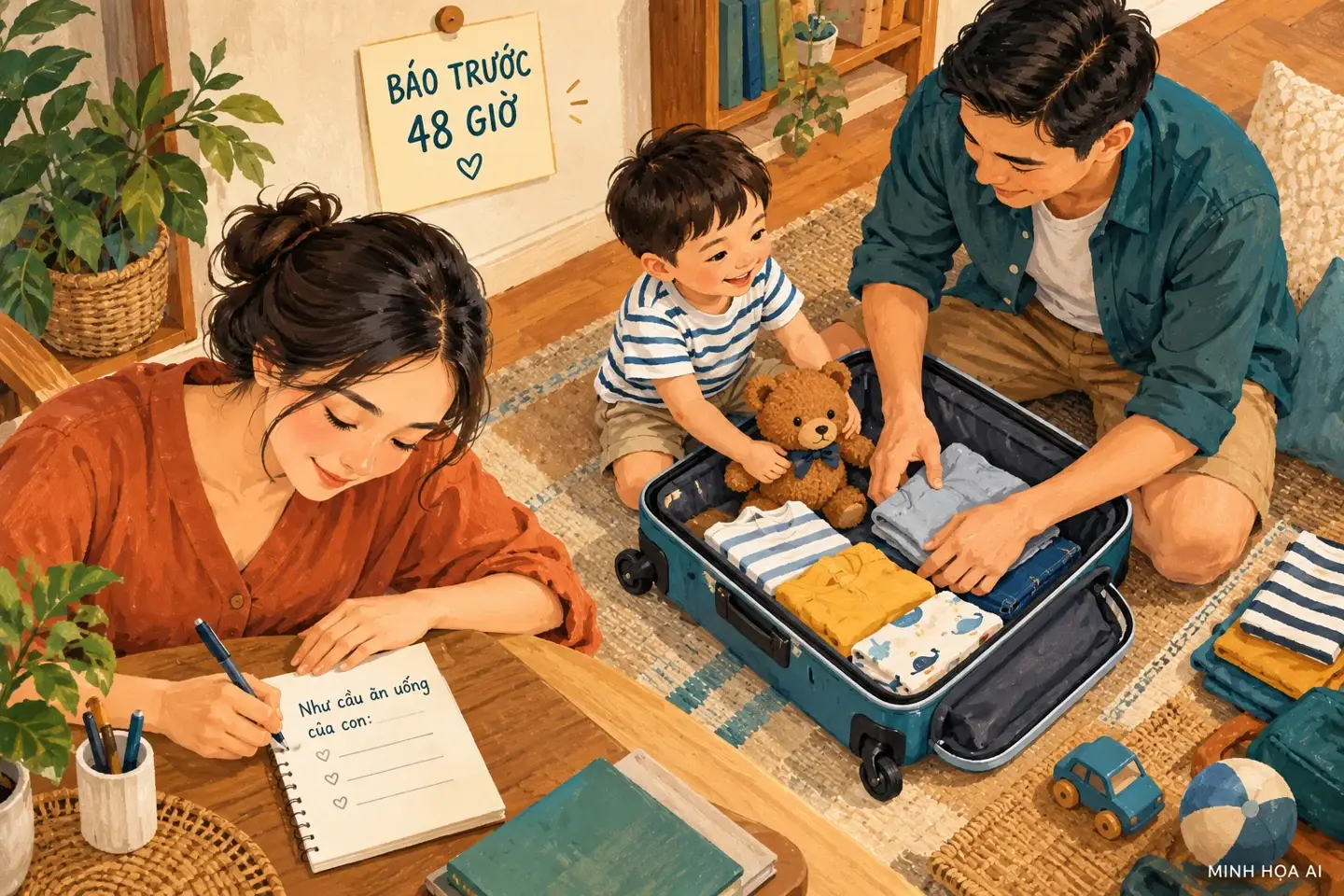 Minh họa AI chuẩn bị hành lý và ghi nhu cầu ăn uống của trẻ trước chuyến đi