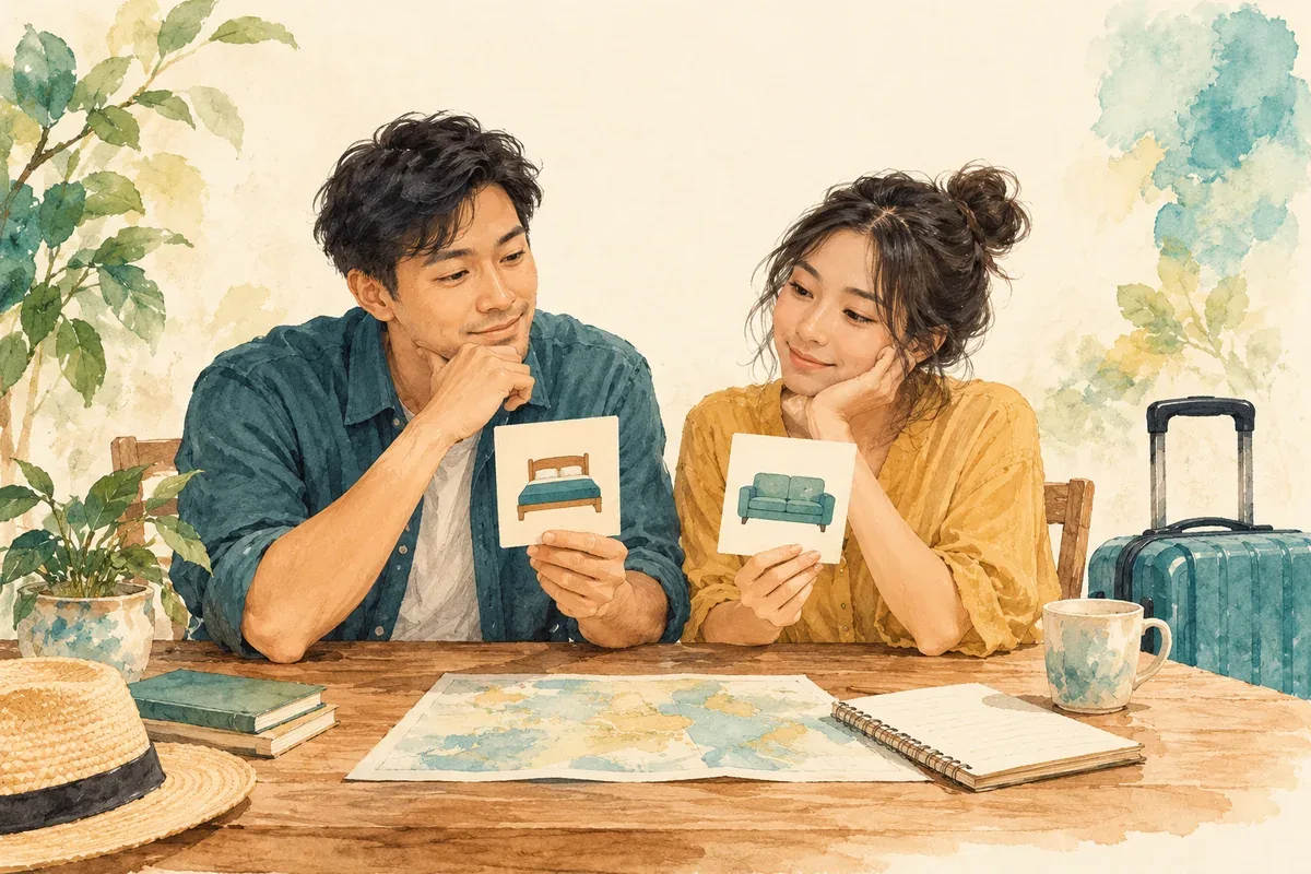 Minh họa AI: đôi khách cân nhắc nhu cầu ngủ và ngồi riêng, không phải ảnh phòng Hải Yến