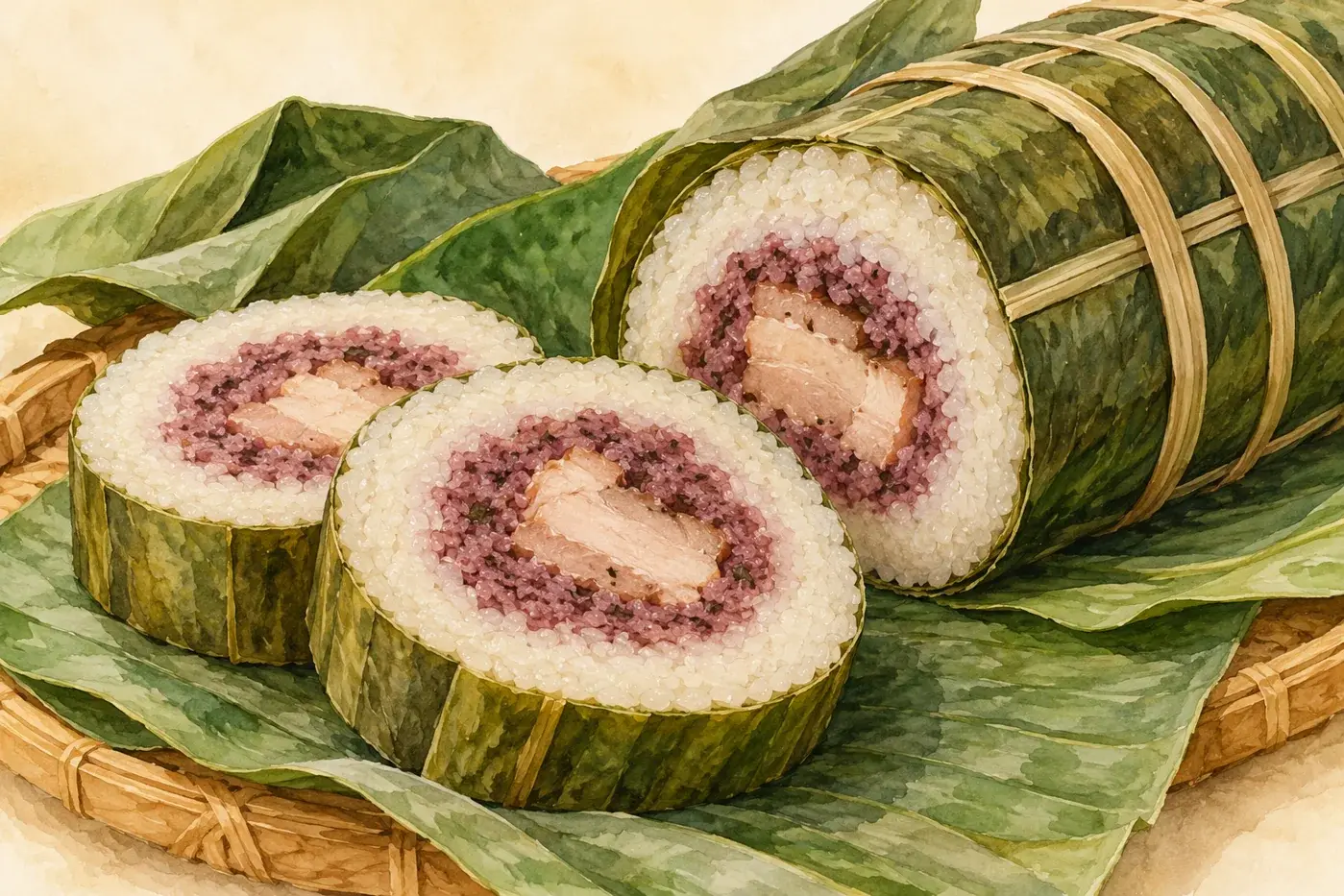 Minh họa AI bánh chưng cơm lông Hải Hà hình trụ và lát cắt có nhân đỏ tía
