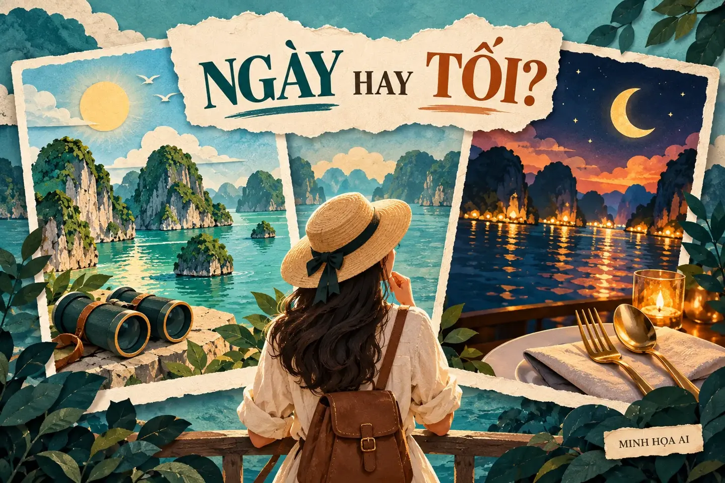 Minh họa AI so sánh tham quan ban ngày và bữa tối ngắm ánh đèn, không phải ảnh du thuyền Ambassador