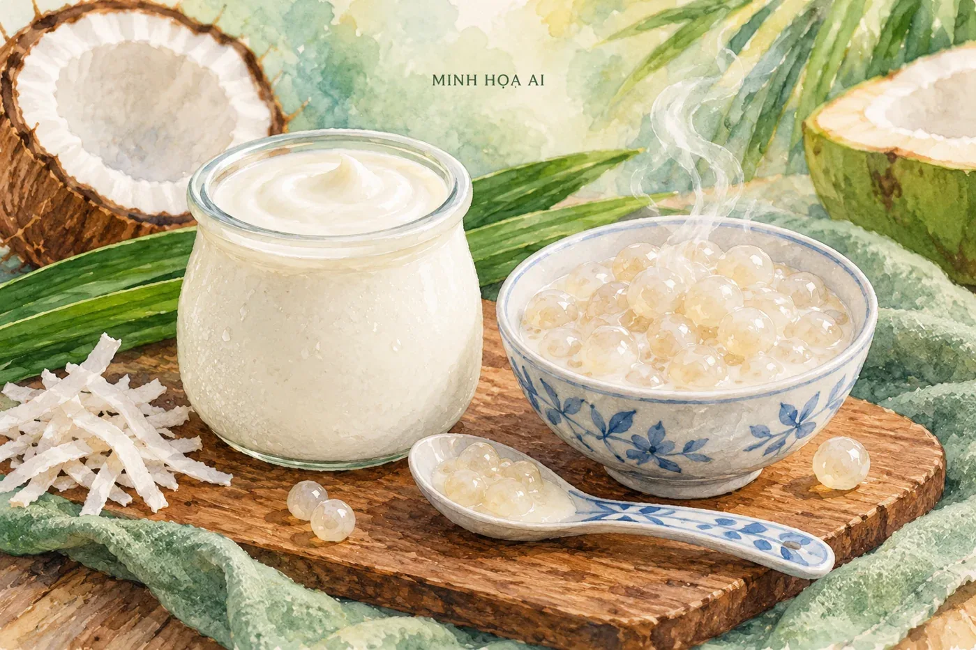Minh họa AI sữa chua lạnh đặt riêng bên trân châu cốt dừa ấm, không phải suất ăn của quán